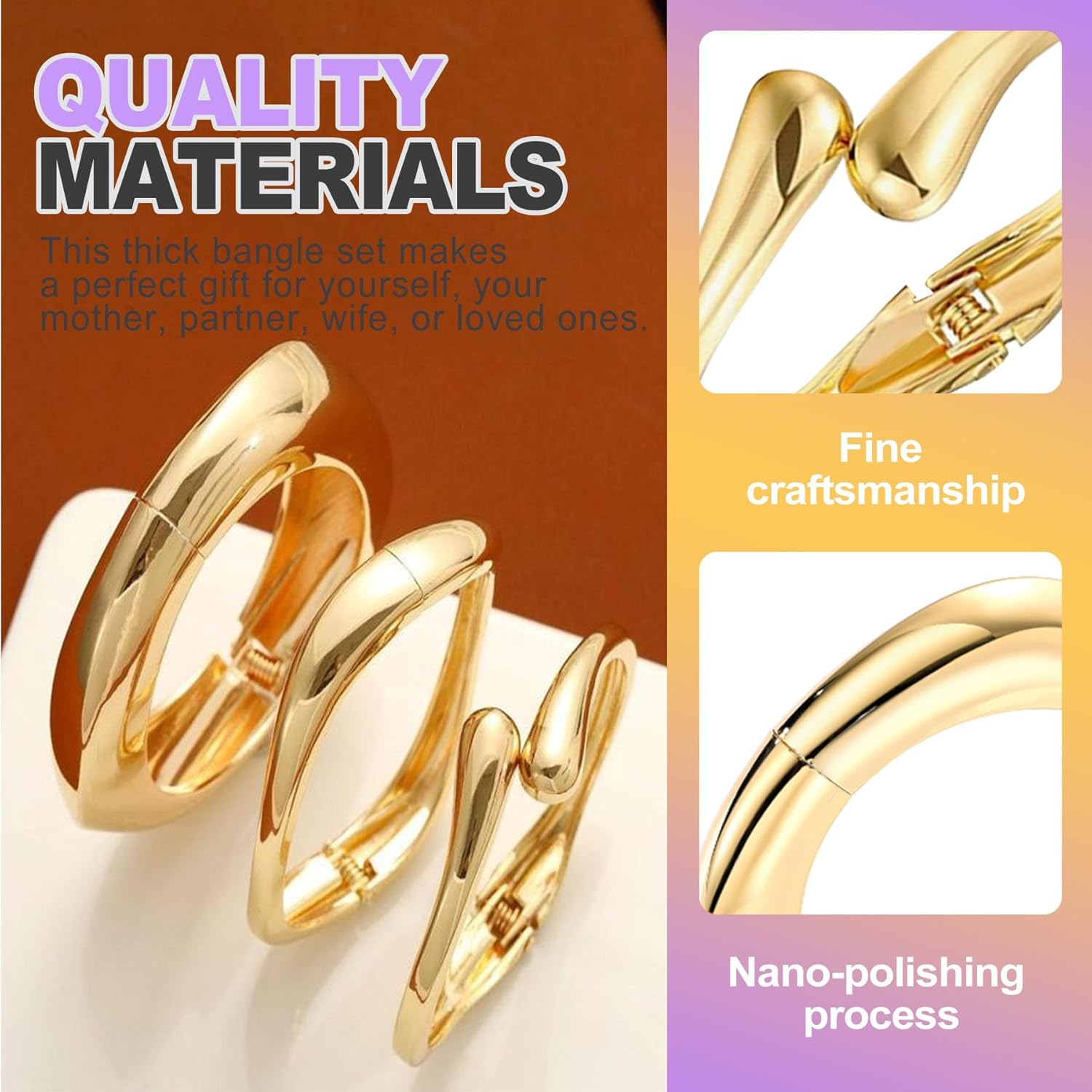 3 Pcs Gold Plated Chunky Bracelets for Women Stackable Bangle Cuff Set Fashion Statement Gold for Stylish Everyday Wear and Gifts - Image 3