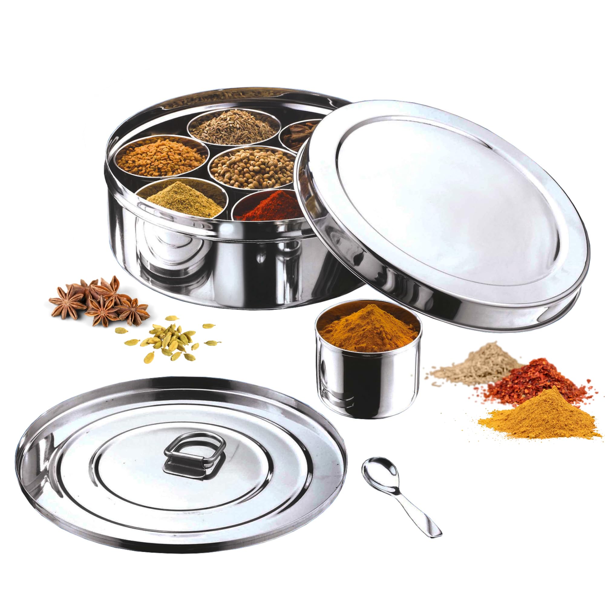 Kraft Stainless Steel Spice(Masala) Box/Dabba/Organiser with a Stainless Steel Lid and a Separator Plate -7 containers and a small spoon,Silver,Non Toxic, BPA Free- Medium (B08F412RWR) Amazon Price History, Amazon Price Tracker