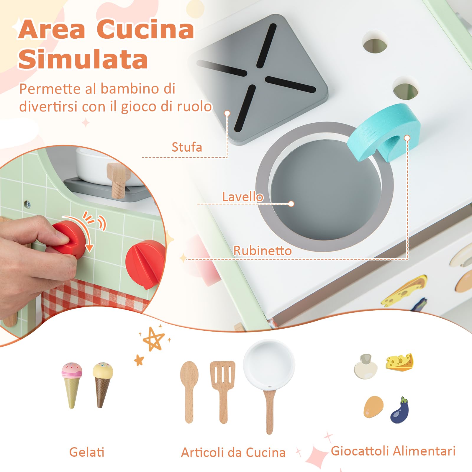 RELAX4LIFE Carrello Primi Passi in Legno 6 in 1, Centro Montessori Cucina con Pannello Attività, 9 Accessori, Vano Portaoggetti, Anti O, per Bambini 1-3 Anni,Legno Naturale + Verde Menta