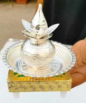 German Silver kalasha Set with Coconut and Leaf with Stool and Plate for House Warming Pooja Party
