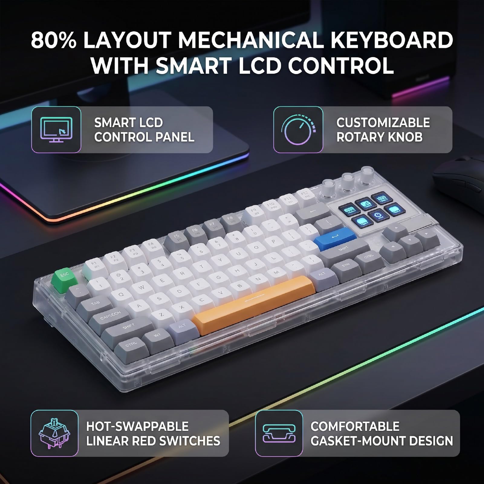 PUSOKEI Tastiera Macro Programmabile Cablata con Schermo e Manopola, Montaggio con Guarnizione Sostituibile a Caldo, Layout 80%, Tastiera da Gioco Meccanica USB per PC Portatile