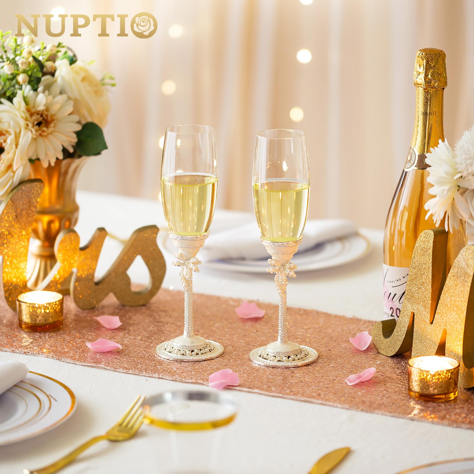 Nuptio Bicchieri per Flute Champagne Regalo: 2 Pezzi Calici Champagne Smalto Matrimonio Brindisi Vetro Cristallo per Sposa e Sposo Anniversario Fidanzamento Matrimoni Coppia Compleanno Regali Partito