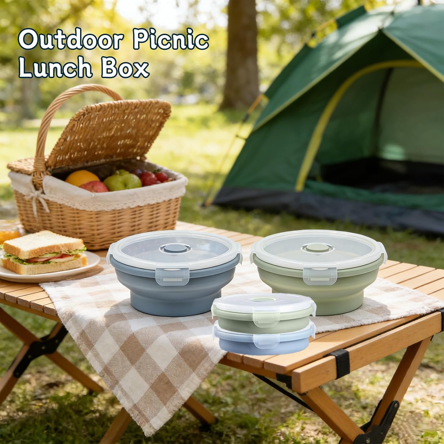 Silicone Collapsible Food Storage Containers-Prep/Storage Bowls with Lids – Set of 2 Round Silicone Lunch Containers – Microwave and Freezer Food Containers (550ML,Green Blue)