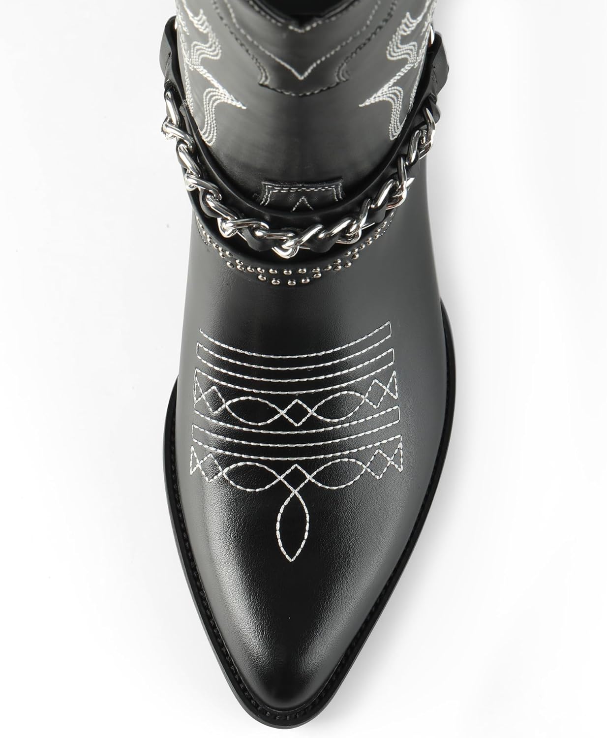 iiimmu Cowboy Boots for Women with Chain, Mid Calf Pointy Toe Chunky Heel Women's Western Boots with Embroidered, Pull on Style, Faux Leather