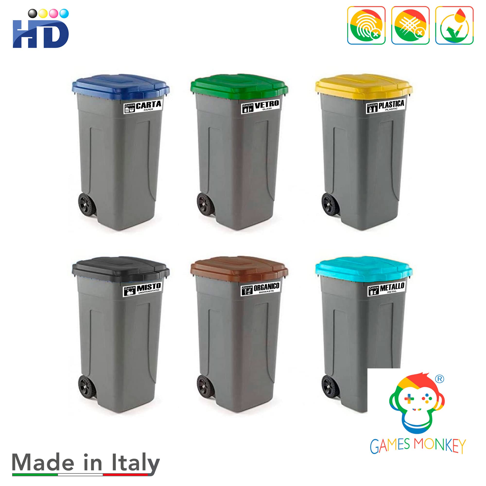 Adesivi Raccolta Differenziata GamesMonkey - 6 Pezzi 15x4 Cm, Impermeabili, Conformi UNI 11686 (Italiano/Inglese) - Foto 8