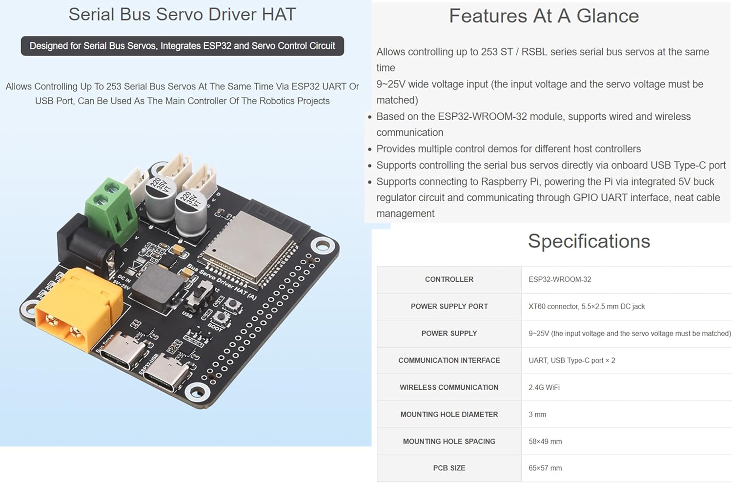 Serial Bus Servo Driver HAT Based on ESP32-WROOM-32 Module, Suitable for Raspberry P 5 / 4B and ST/RSBL Series Serial Bus Servos up to 253 Serial Bus Servos at The Same Time/Robotic Project