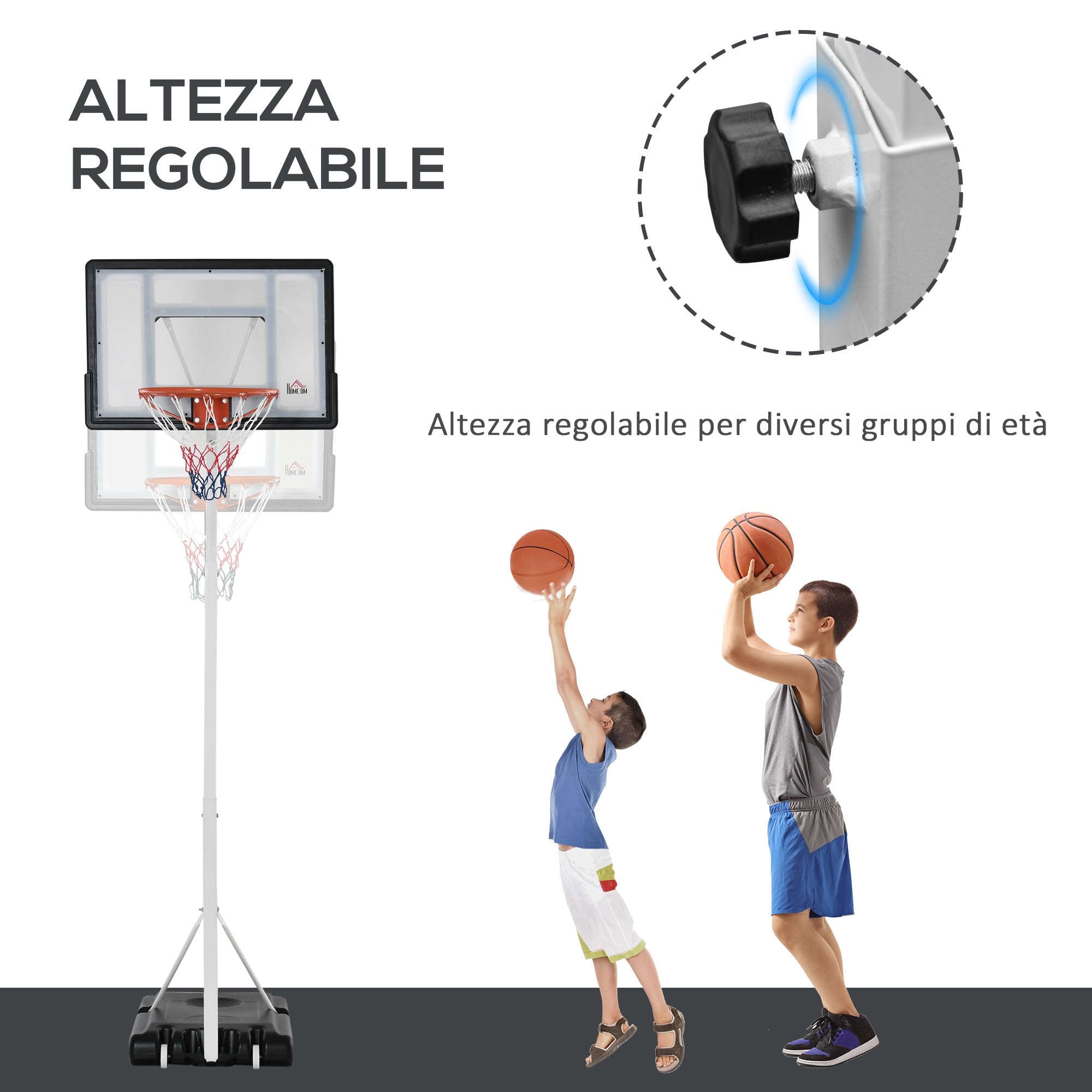HOMCOM Canestro da Basket per Adulti con Ruote, Regolabile in Altezza 260-310 cm, Canestro Basket da Esterno e Interno con Tabellone e Supporto in Plastica, Bianco