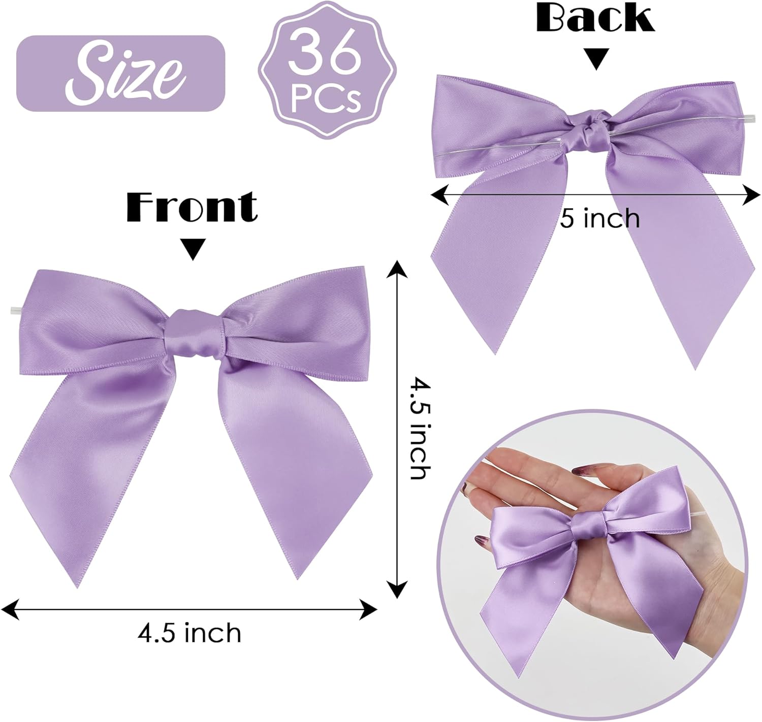 AIMUDI Lavender Satin Ribbon Bows 4.5" Pre-Tied Light Purple Bows for Gift Wrapping Crafts Treat Bags Candy Cake Pops Baby Shower Spring Party Favors- 36 PCs - Image 2