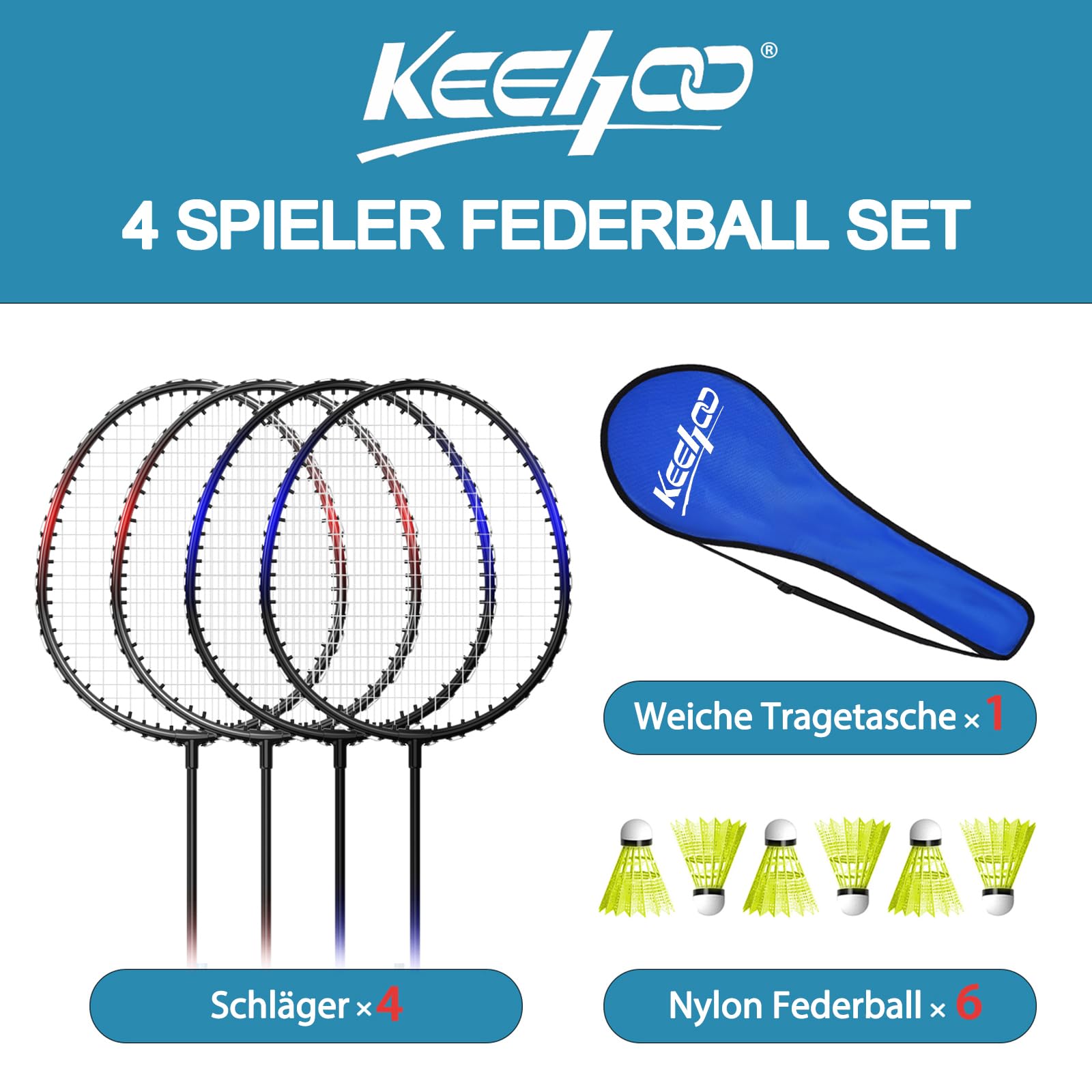 KH Federball Set Badminton Schläger Set of 2 oder 4 für Erwachsene Kinder, Schläger, Federbälle und Tragetasche im Lieferumfang