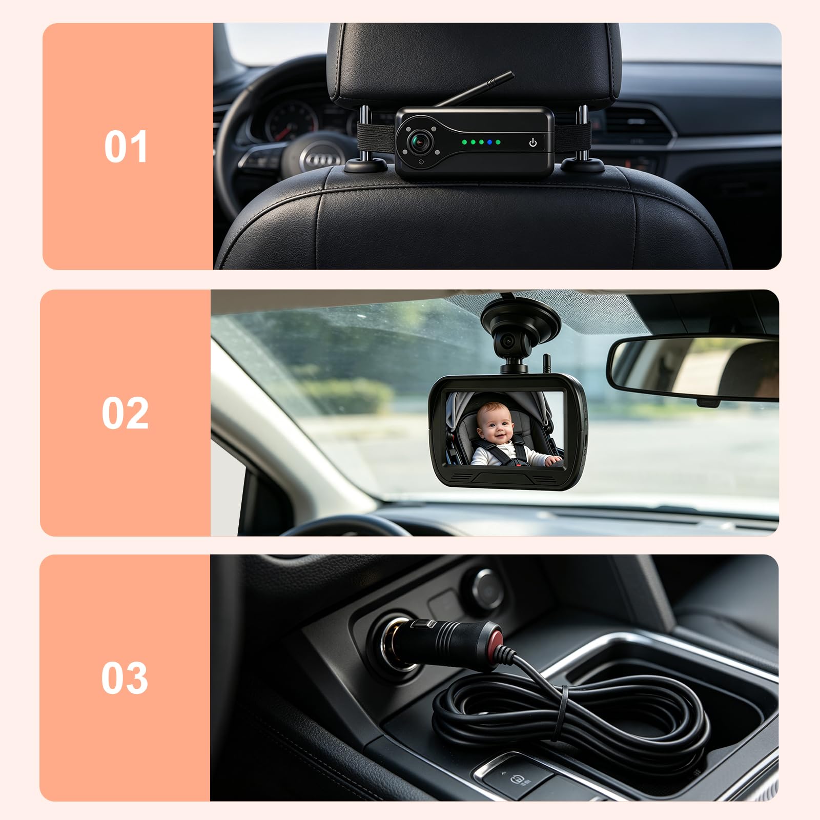 OBEST Espejo Coche Bebé Asiento Trasero Inalámbrica WiFi con Pantalla 4.3" | Retrovisor Cámara Bebe Coche Kit 1080P HD Visión Nocturna, 24H Espejo Camara Coche Bebe Ajustable 360, Plug and Play