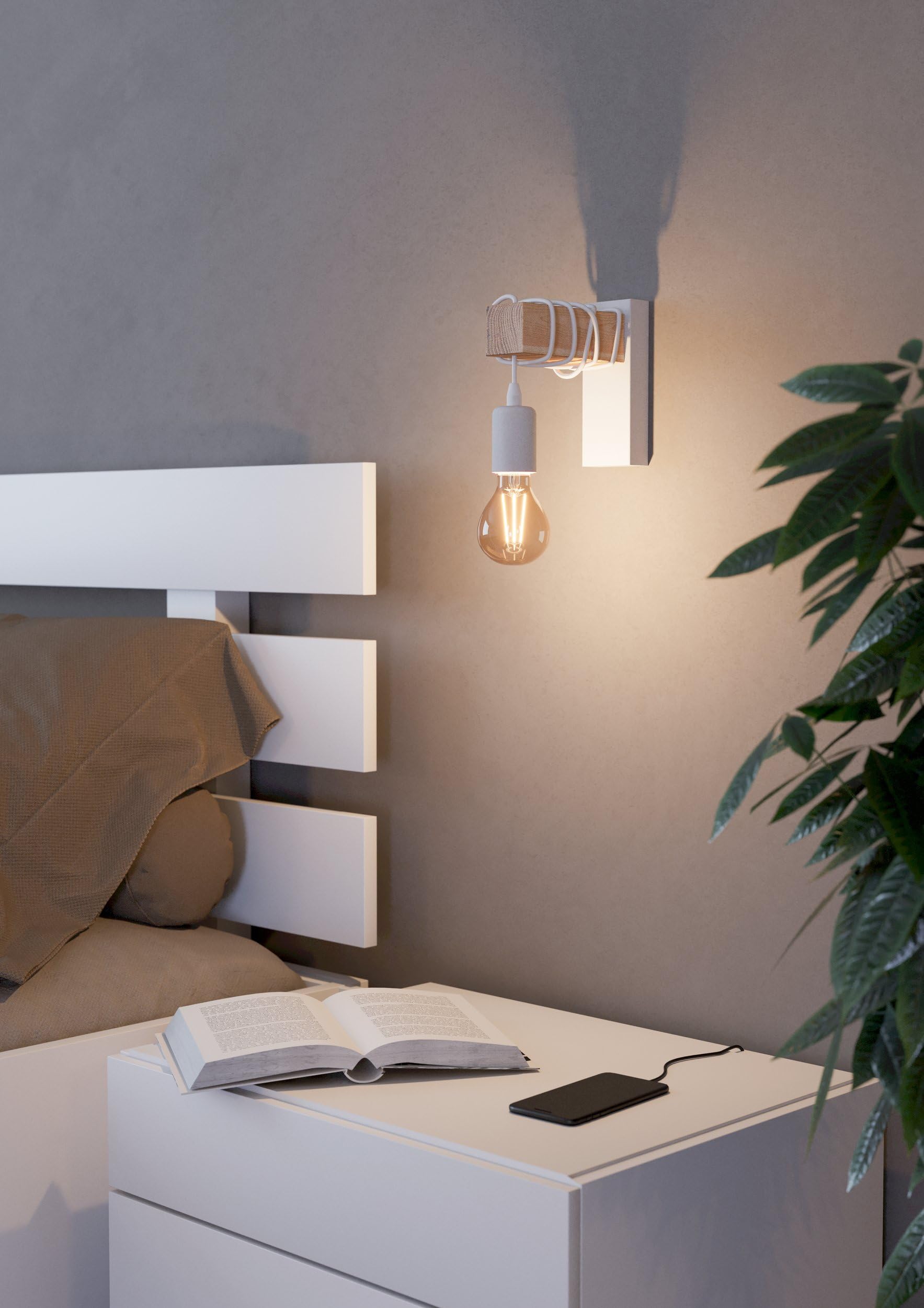 EGLO Indoor wall Light Townshend, Vintage wall lamp in Industrial Design, Retro Lighting Made of Steel and Wood, Colour White - Image 2