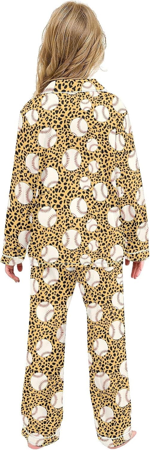 Kids Casual Satin Wear Set Baseball Leopard Print Pattern Unisex Relaxed Fit Clothing