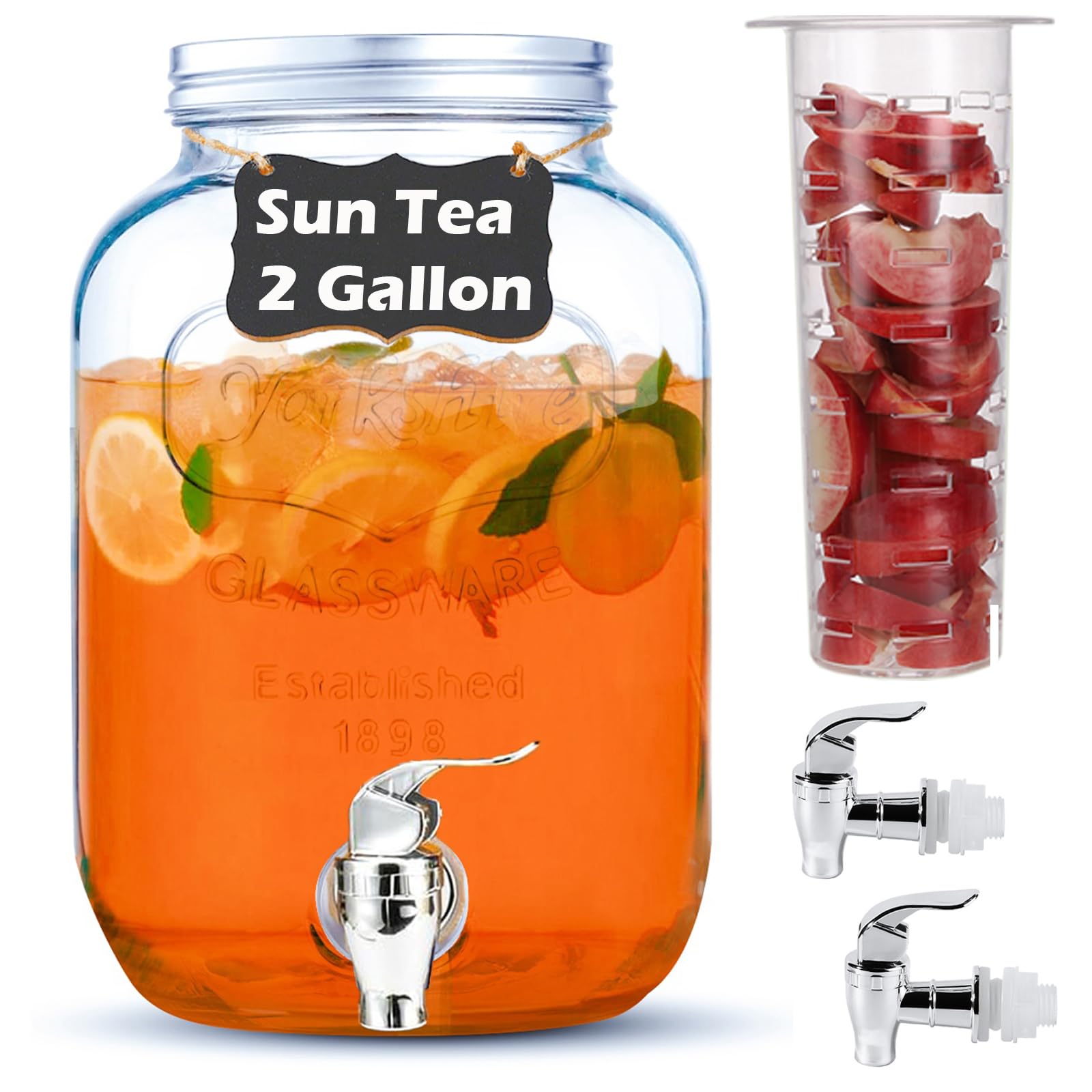 2 Gallon Glass Drink Dispensers for Parties, Beverage Dispensers 2 Press-Spigots(Easy for kids),Sun Tea Glass Jar for Outside Glass Water Dispenser Lemonade Dispenser