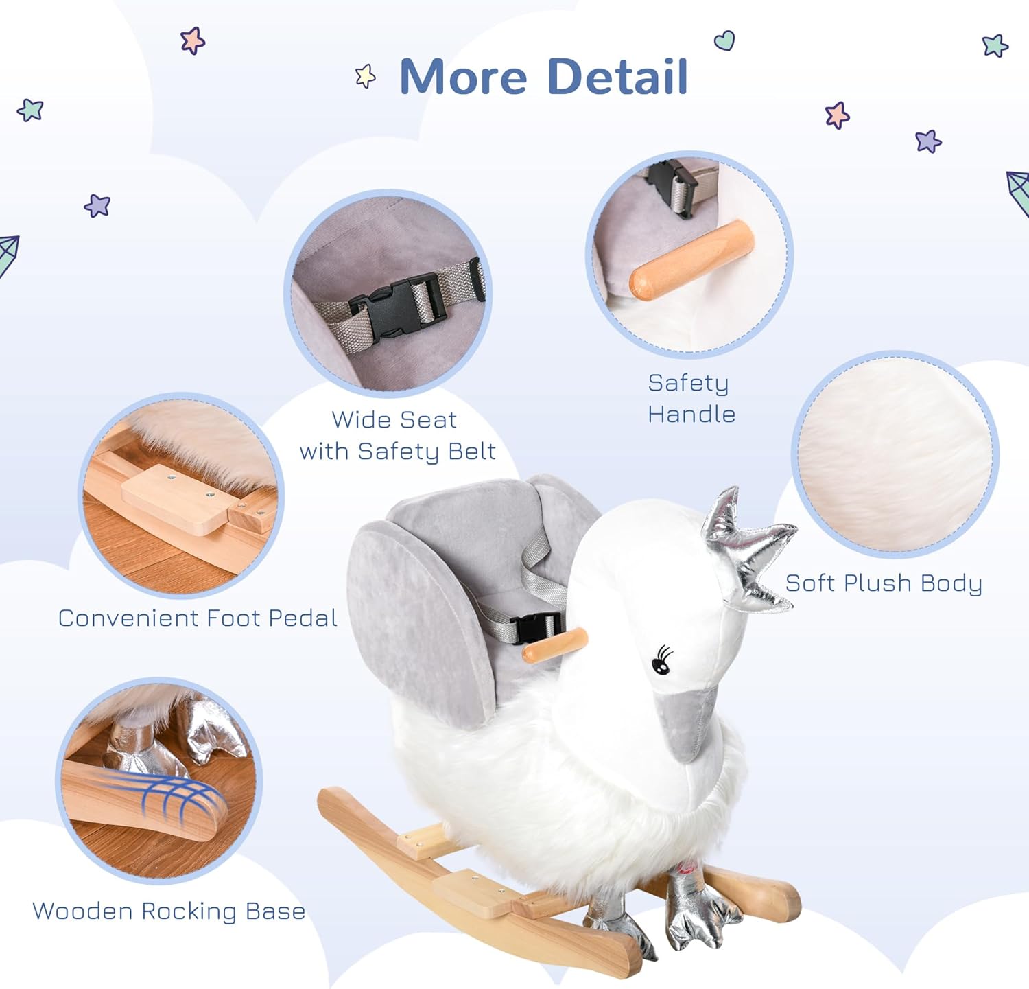 Qaba Rocking Horse, Kids Ride on Horse Swan Rocker with Sound, Plush Seat, Wooden Base, Safety Belt for Toddlers 18-36 Months, White