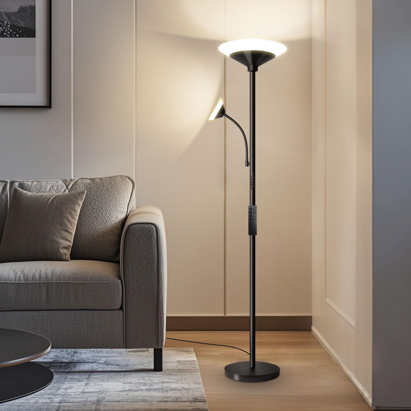 BBHome Lámpara de Pie Salón LED 27W Regulable con Lámpara de Lectura 6W, Lámpara de Pie Moderna con Mando a Distancia y Táctil para Salón, Dormitorio, Oficina
