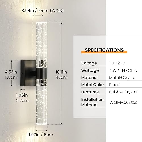 Miniatura 2 de CCYCOL Juego de dos apliques de pared LED para tocador de baño modernos apliques de cristal negro iluminación de pared de 18 pulgadas 4000 K