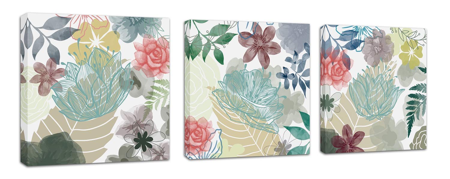 Colorful Flower Wall Art Tropical Plant Canvas Prints 3 Pieces Home Decor ModernFloral Pattern Pictures for Bathroom Ready to Hang 12 x Inches