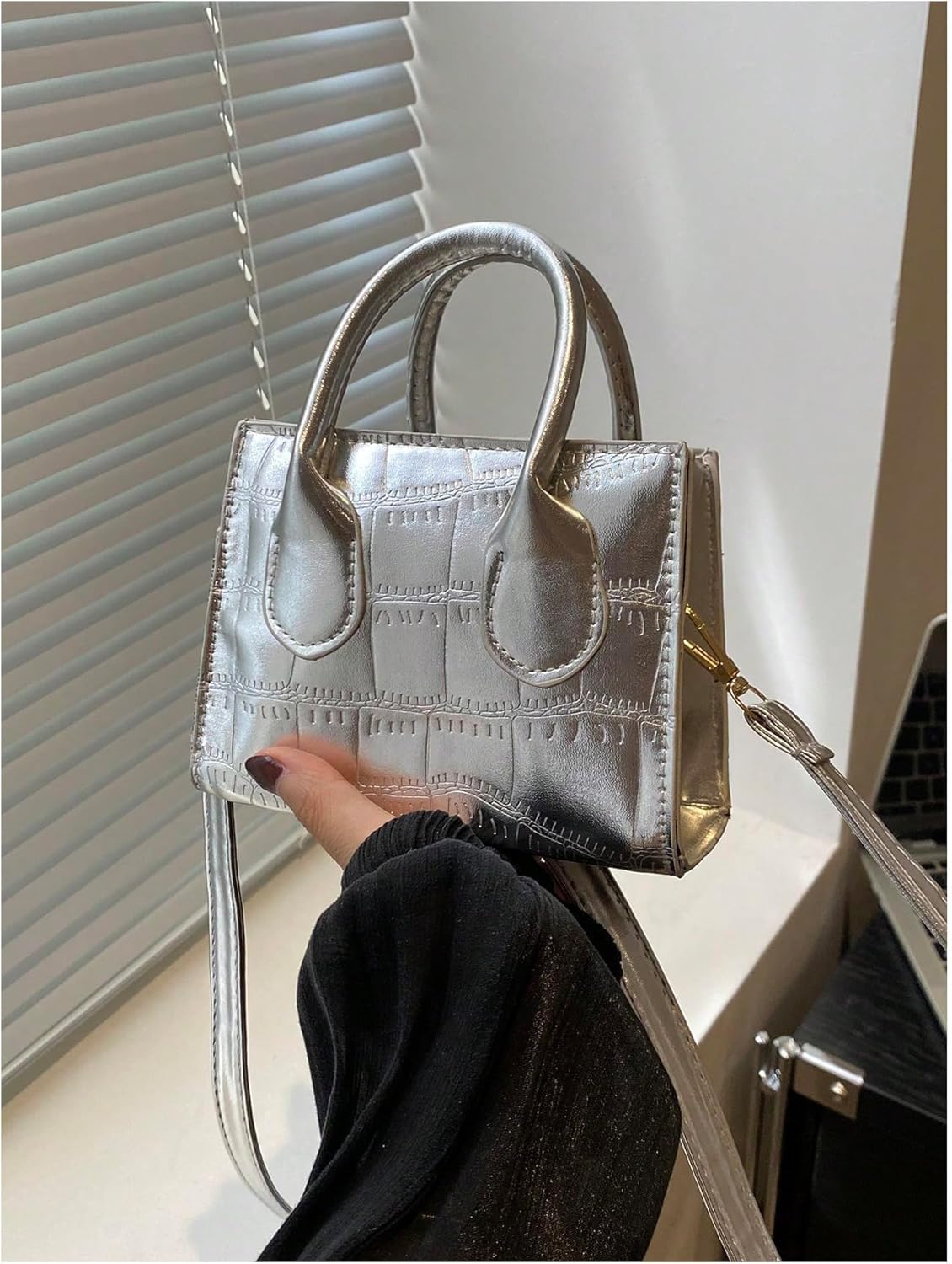 GORGLITTER Women's Small Crossbody Bag Mini Purse Metallic Crocodile Print Double Handle Satchel Shoulder Bag Purse - Image 2