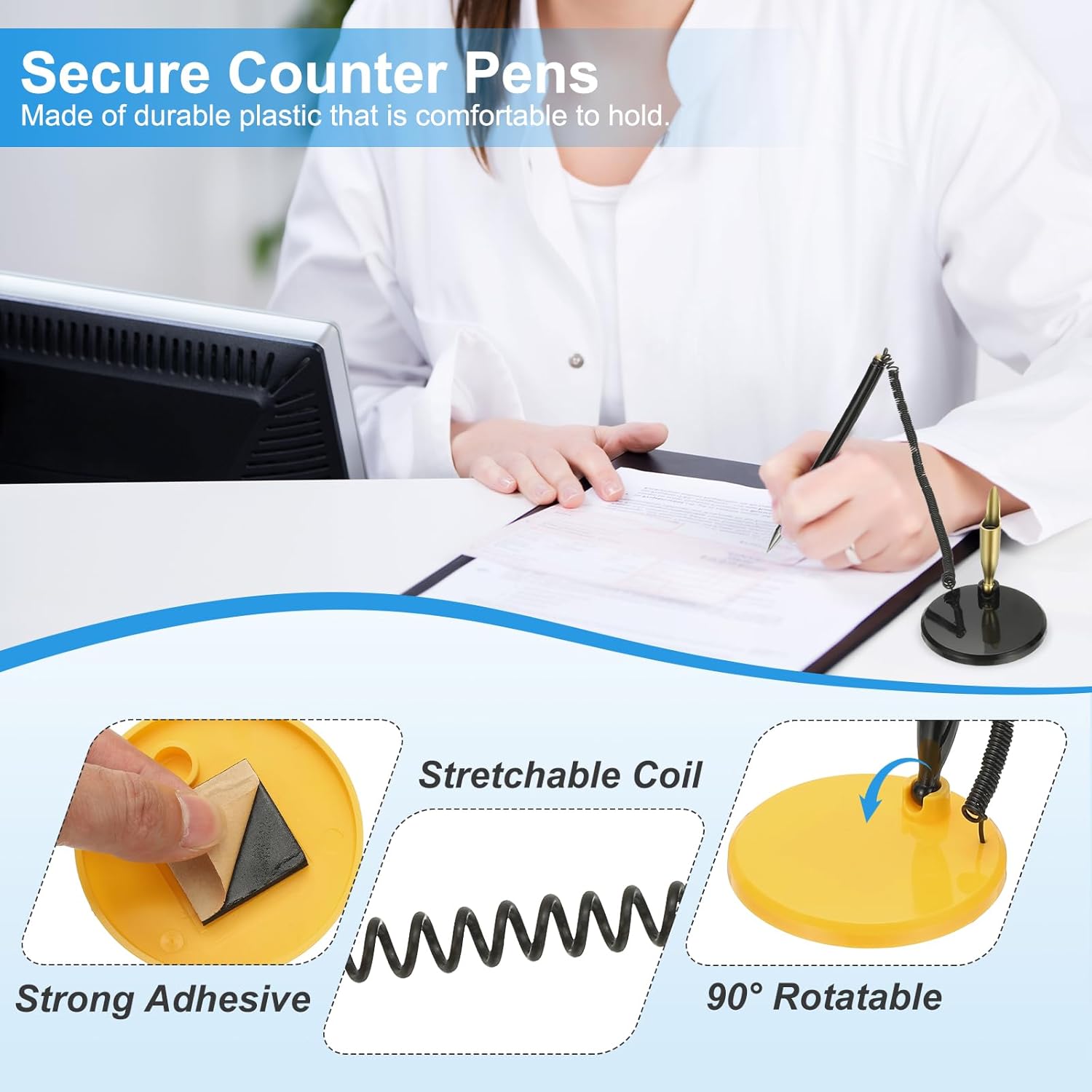 PATIKIL 12Pcs Secure Pen with Adhesive Chain and Security Pen Holder, Reception Counter Pens Desktop Pen Black Ink Refills for Desk Workplace Office Home Supplies, Flat Base, Yellow
