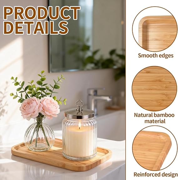 Small Tea Tray, 30x20x2cm Wooden Tray with Anti-Slip Stickers Rectangle Cake Board Bamboo Vanity Trays Reusable Serving Boards for Tea Coffee Kitchen Bathrooms Cosmetics