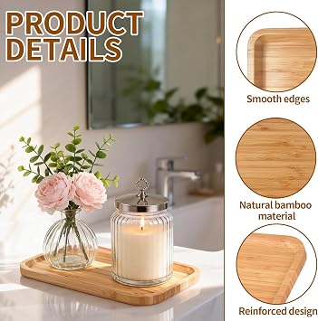 Small Tea Tray, 30x20x2cm Wooden Tray with Anti-Slip Stickers Rectangle Cake Board Bamboo Vanity Trays Reusable Serving Boards for Tea Coffee Kitchen Bathrooms Cosmetics