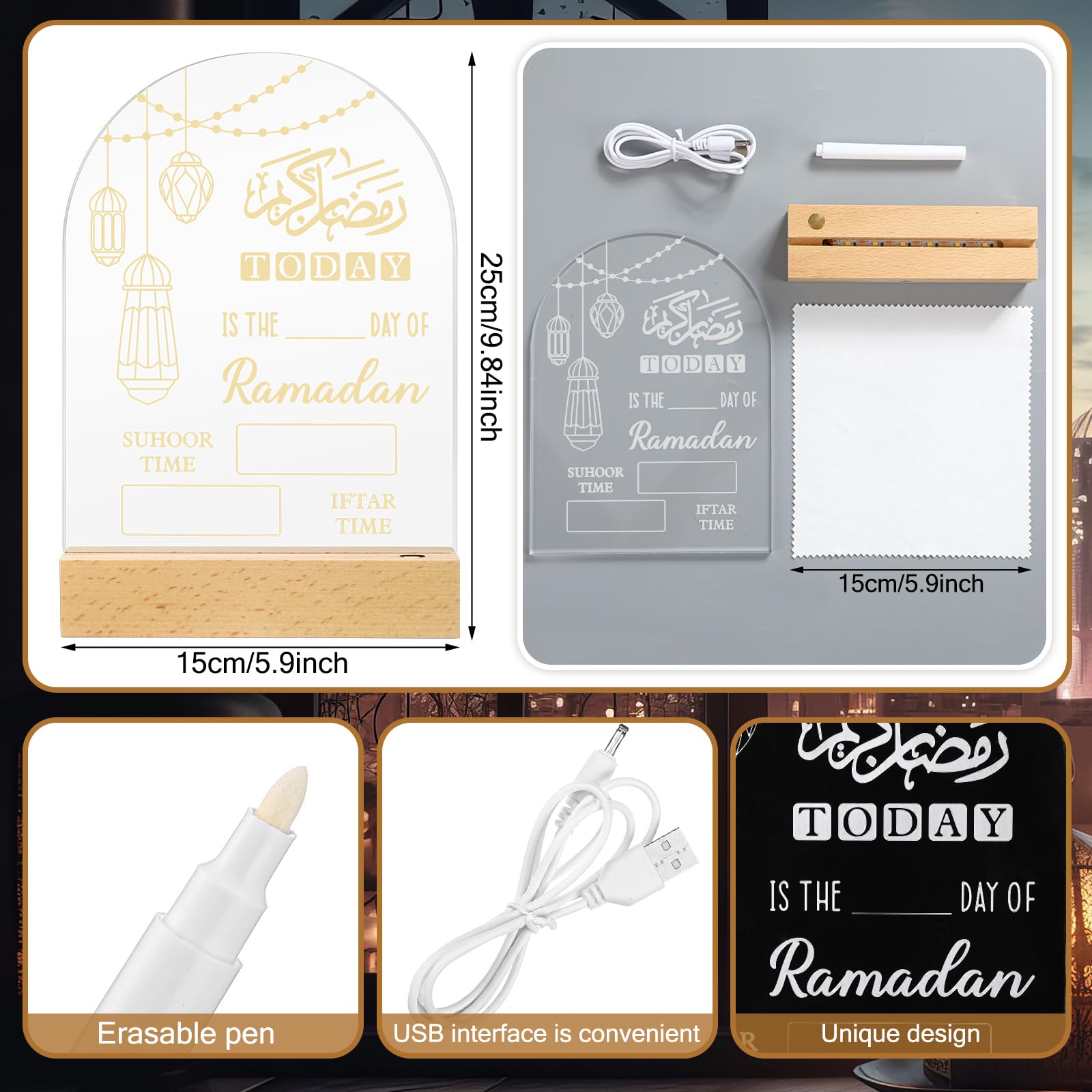 Baquler Calendario dell'avvento del Ramadan a LED con panno cancellabile, regalo per Ramadan, calendario dell'avvento 2025, fai da te, decorazione da tavola Ramadan, decorazione per la tavola del