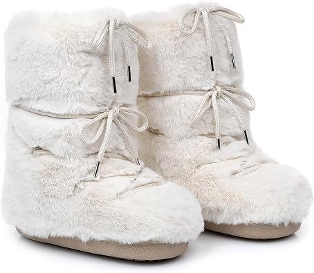 Winter Boots for Women, Furry Fuzzy Fluffy Faux Fur Snow Boots with Fur Lined Non-Slip Outsole Black White Pink Boots
