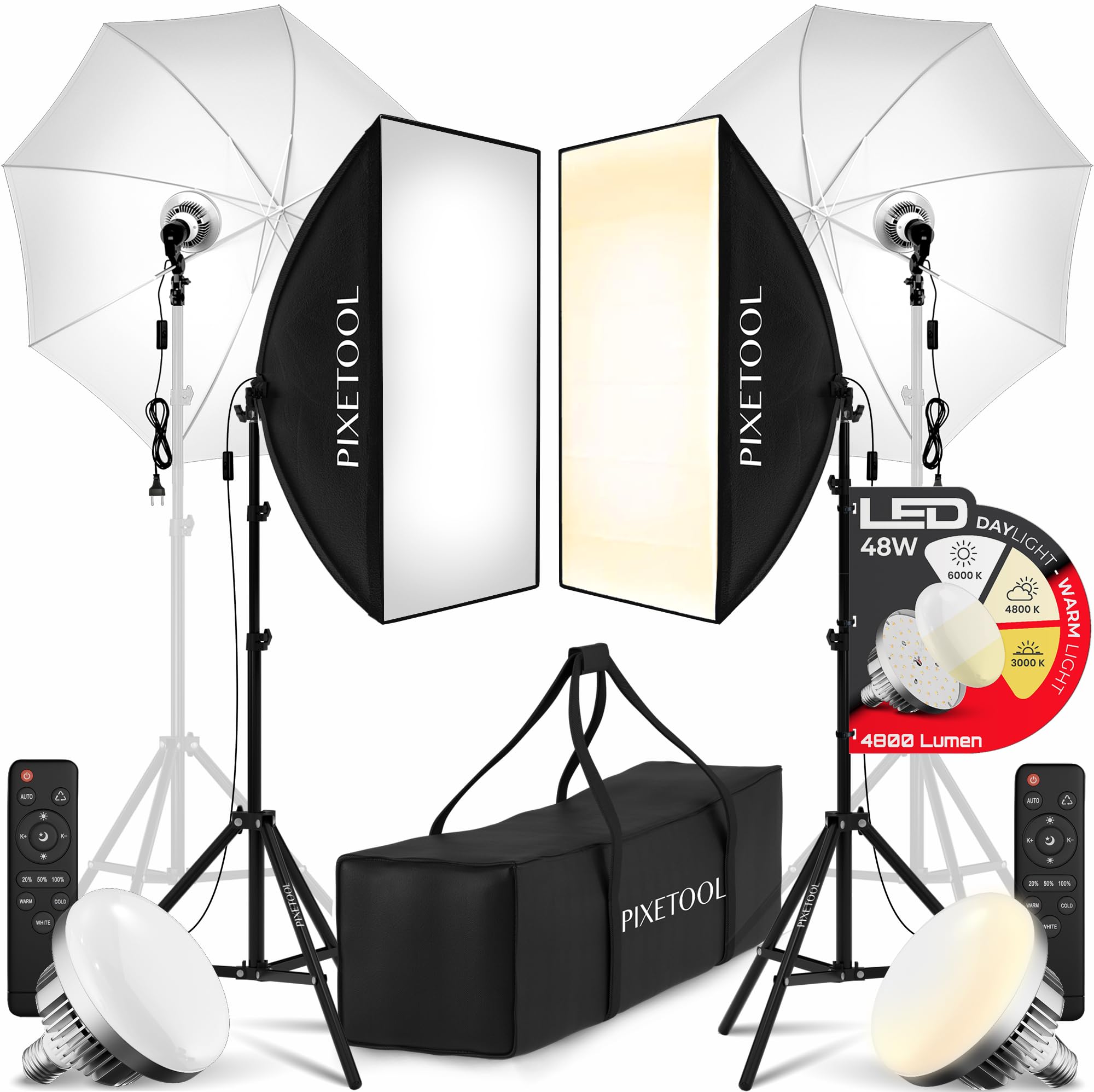 Softbox Kit Studio Photo et Éclairage - 2 Softbox 50x70 cm, 2 Parapluie Photographie, 2 LED Lampe Photo 4800 Lumens 3000-6000K - Eclaraige Light - Lumiere Video Streaming Gaming