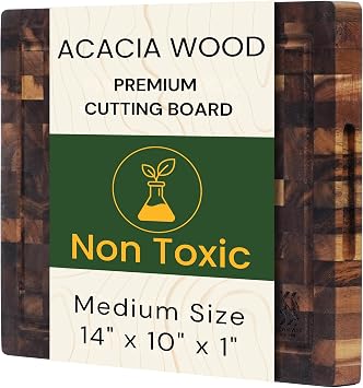 Acacia Wood Cutting Board 14" x 10" x 1" End Grain Butcher Block | Thick Solid Hardwood, Knife Friendly | Juice Groove & Built-In Handle | Non-Toxic Natural for Kitchen Prep, Meat & BBQ by New M Way