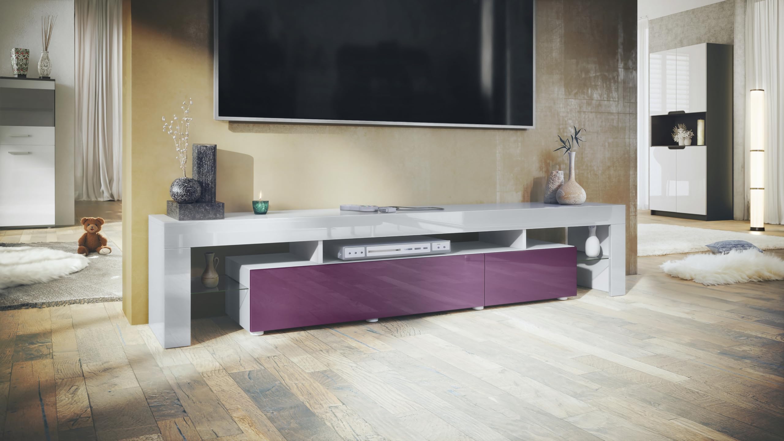 Vladon Lowboard Lima V2, Made in Germany, TV-Kommode mit 2 Klappen, 1 offenem Fach und 2 Glasablagen, Weiß Hochglanz/Brombeer Hochglanz (189 x 38 x 35 cm)
