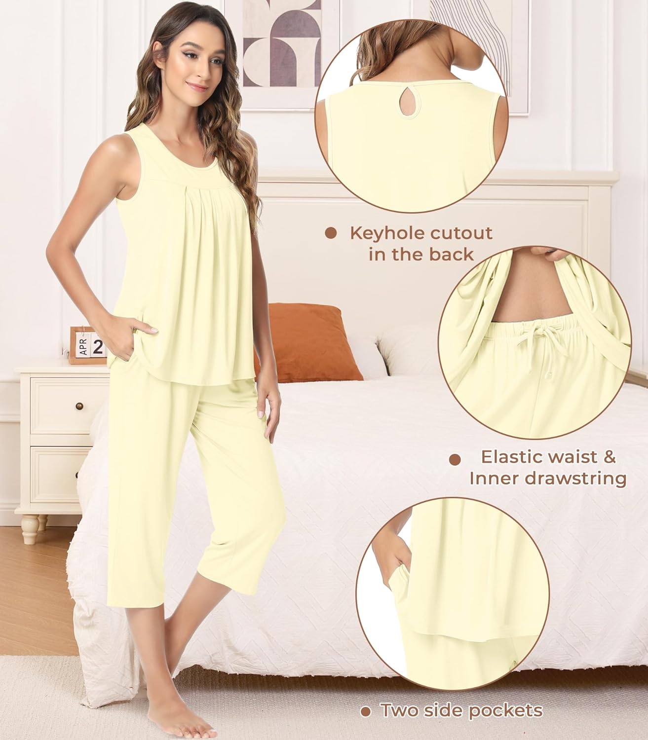 NACHILA Pajamas for Women-Viscose Made from Bamboo, Sleeveless Pjs Tank Top Capri Pants Pajama Sets Cooling Sleepwear - Image 4