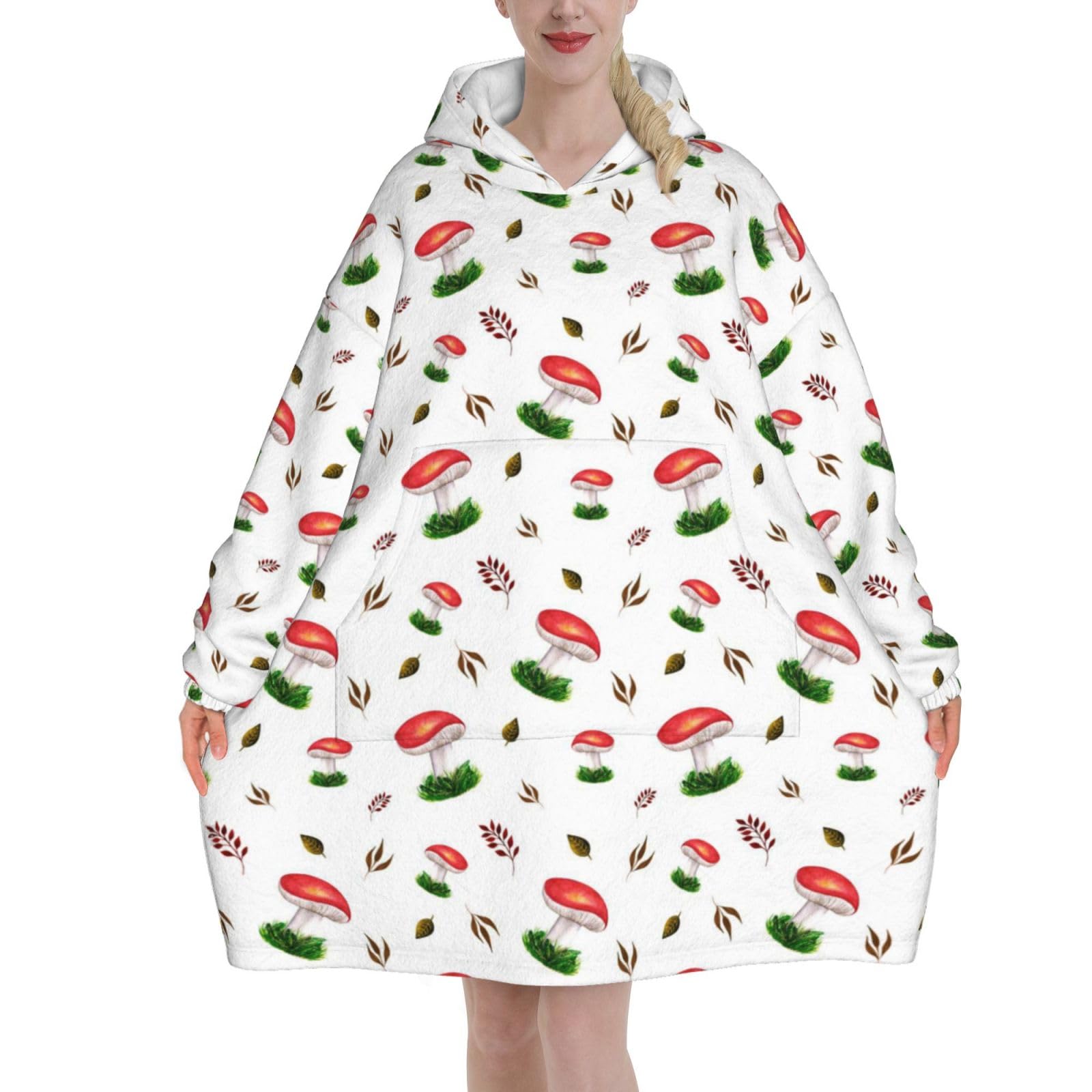 Peiyeety Unisex As Pic Sweatshirt Blanket,Flannel Pullover,Women's Wearable Blanket Hoodie, Autumn Red Mushrooms