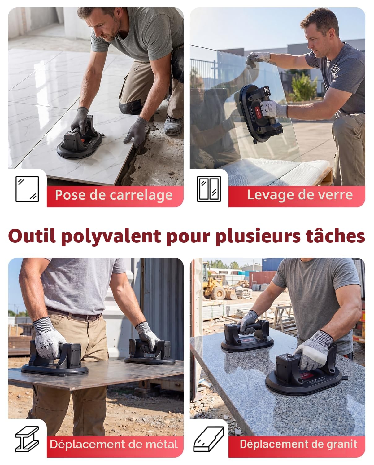 Ventouse Carrelage Electrique, 2x Ventouse Vitre Ø245 mm avec 4x Batteries 3000mAh, Charge Max 250KG, Écran LCD, Outil de Levage pour Verre, Pierre & Métal