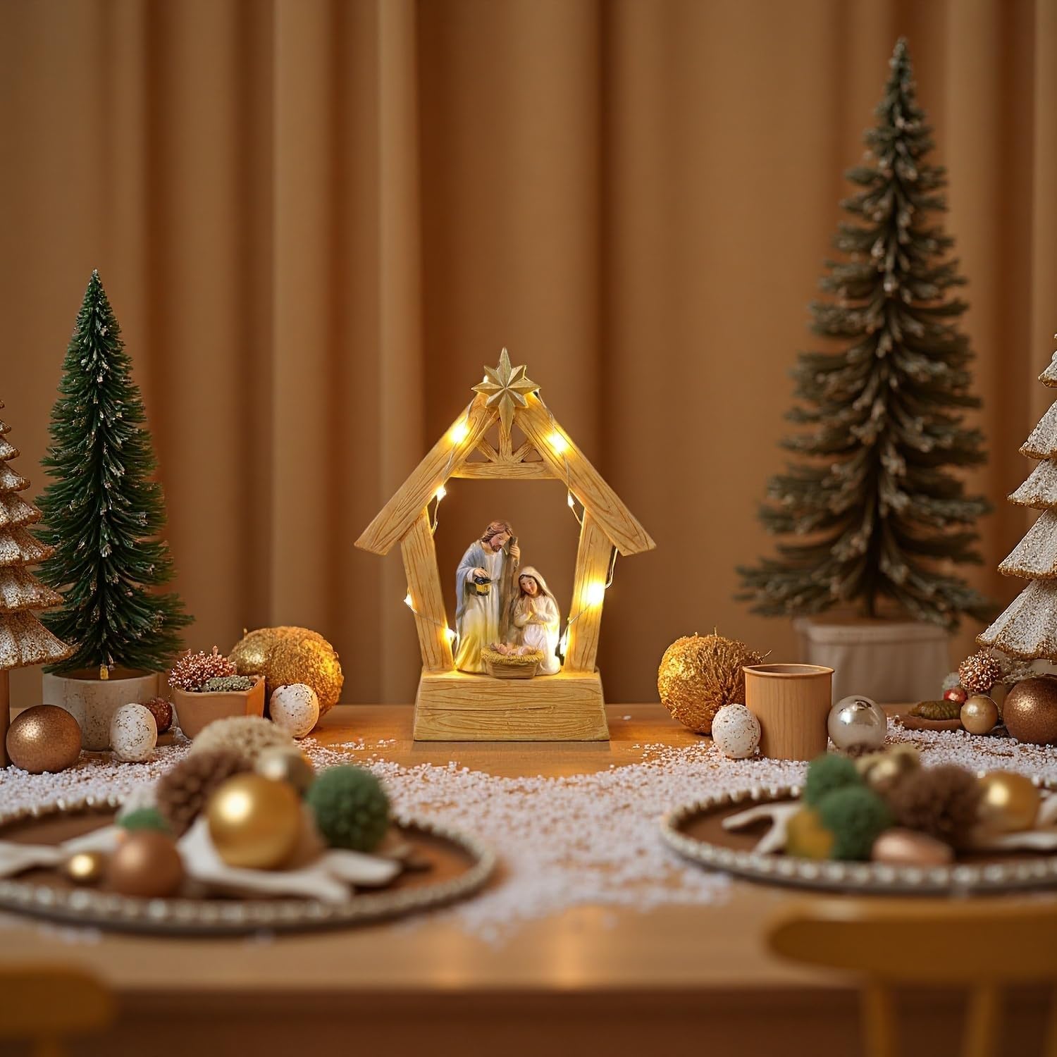 7.3'' Nativity Sets with Lights, Hand Painted Resin Holy Family Statues Manger Nativity Scene for Christmas Indoor Decorations(No Battery Included)