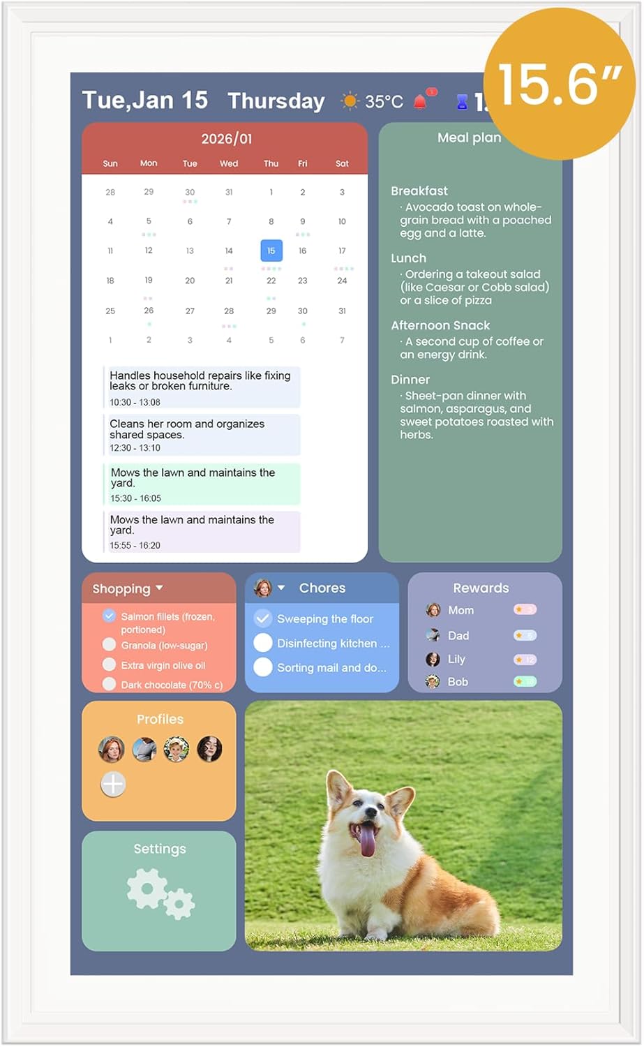 15.6-Inch Smart Digital Calendar & Photo Frame for Family, Wall Planner with Auto-Sync to Apple, Google & Outlook, Touchscreen Display with Chore Chart, To-Do Lists & Meal Planner, White Frame, No Subscription 15.6-Inch Smart Digital Calendar & Photo Frame for Family, Wall Planner with Auto-Sync to Apple, Google & Outlook, Touchscreen Display with Chore Chart, To-Do Lists & Meal Planner, White Frame, No Subscription