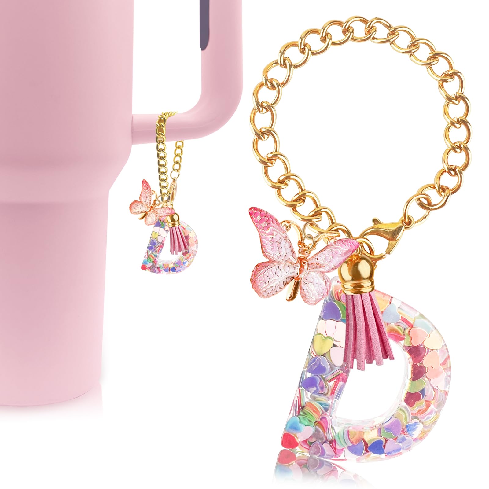 Velaco Letter Charm Accessories for Stanley Cup with Handle, Cute Initial Letter D Keychain Handle Charm with Butterfly for Stanley Tumbler for Women Girls