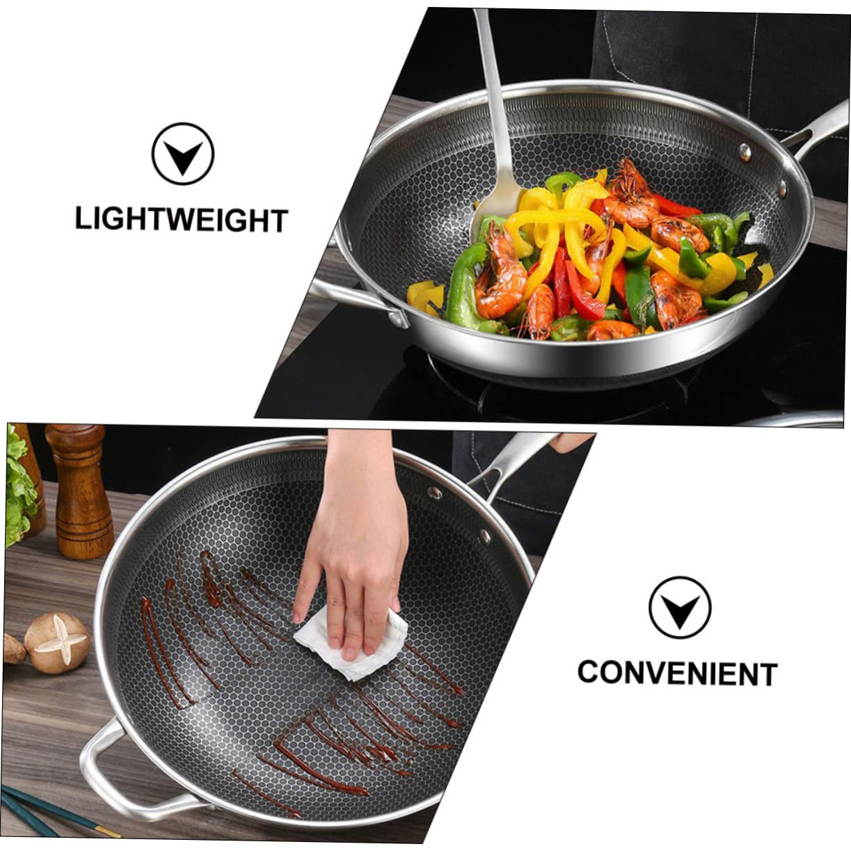 Edelstahl Wokpfanne mit Wabenstruktur und Griffen für Braten | Silber, Leichte Ausführung mit Gleichmäßigem Boden, Schlichtes Design für Steaks und Kartoffeln