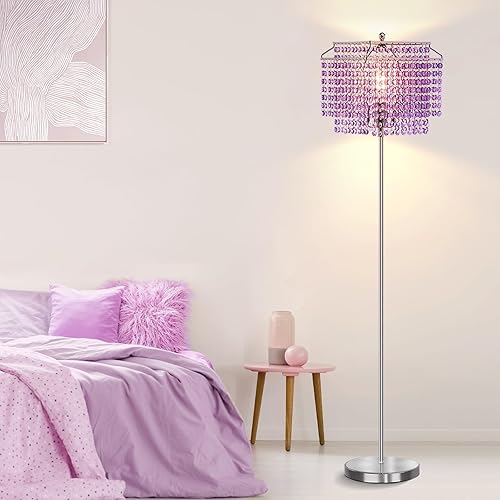 Miniatura 9 de Lámpara de pie de cristal morado, lámparas de pie de 64 pulgadas de alto con pantalla de doble capa, elegante lámpara de pie con interruptor de pie