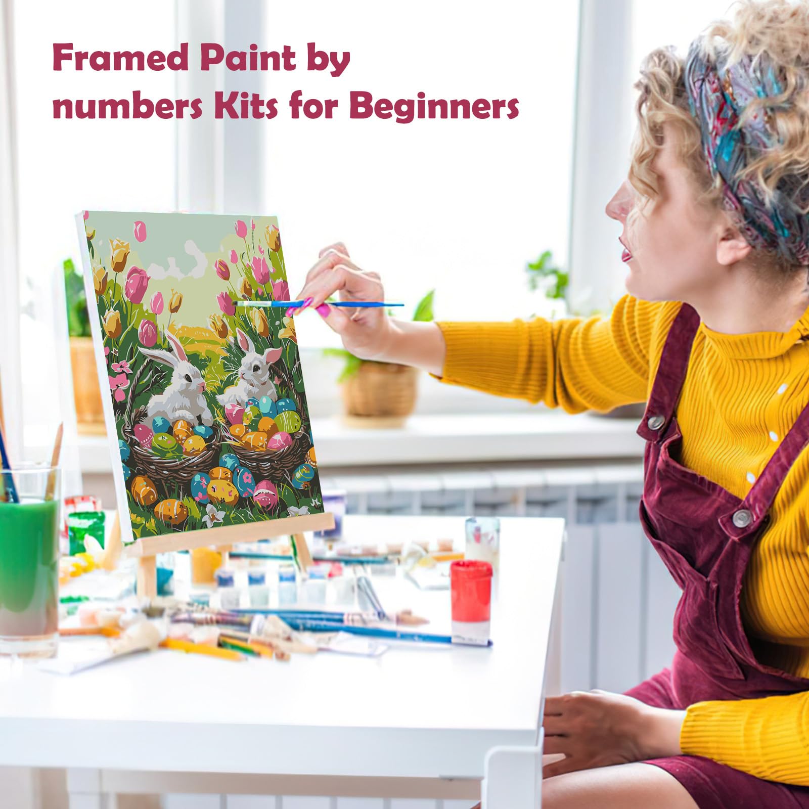 MOGTAA Easter Bunny Paint by Numbers for Adults Beginners with Frame, Easter Eggs Painting by Numbers for Adults with Easel, Easy DIY Flowers Oil Painting Kits Art Crafts for Home Decor, 8x12in - Image 4