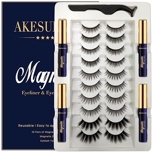 Pestañas magnéticas de aspecto natural – 10 pares de pestañas magnéticas 3D falsas medianas – 4 tubos de delineador magnético – Actualizadas, de