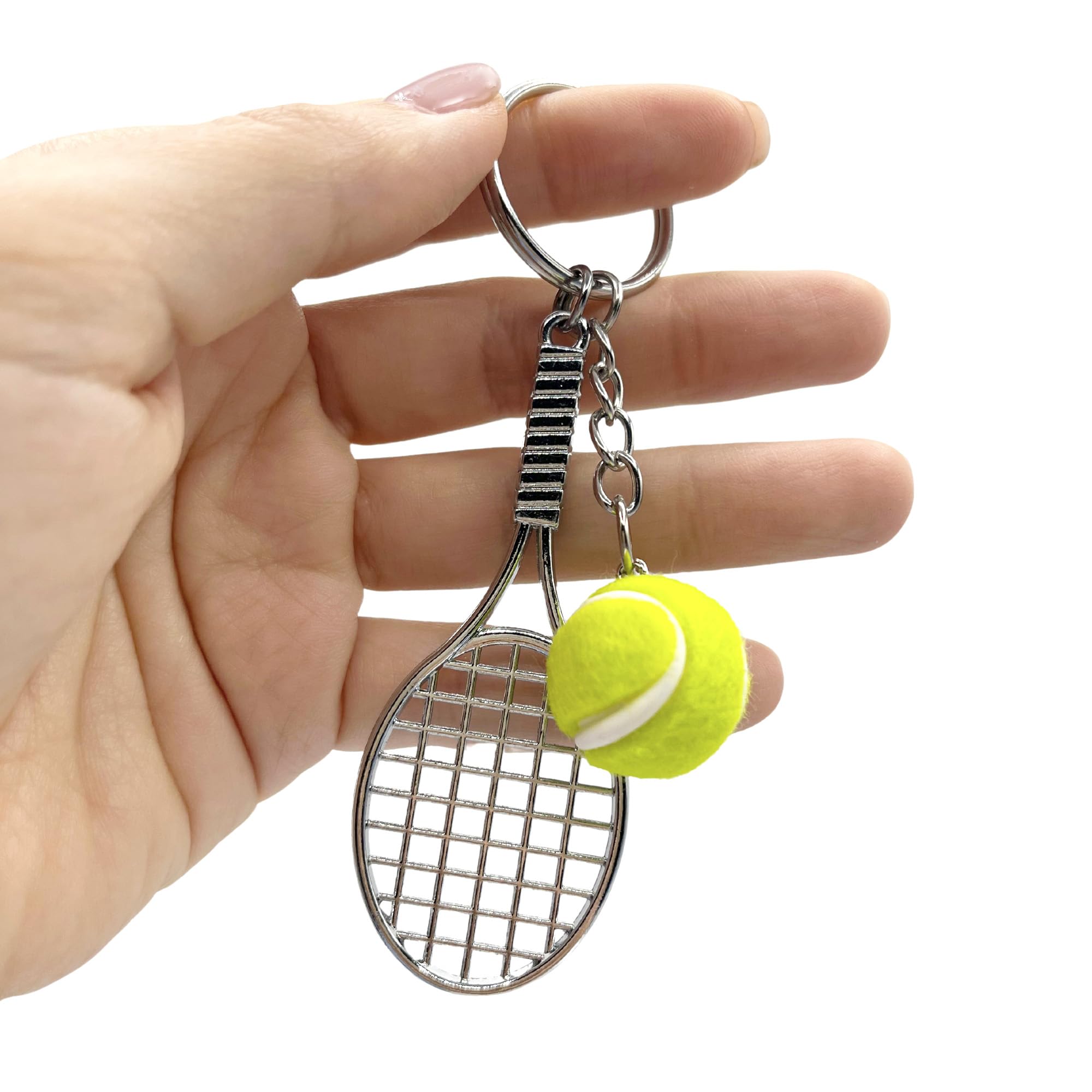 AUTOZOCO Llavero Plástico en Forma de Pelota de Tenis y Raqueta, Cuelga Llaves, Llavero para Tenista, Key chain Modelo Esférico, Detalle, Pelota 2 cm Diámetro x Raqueta 7.5 cm de Largo