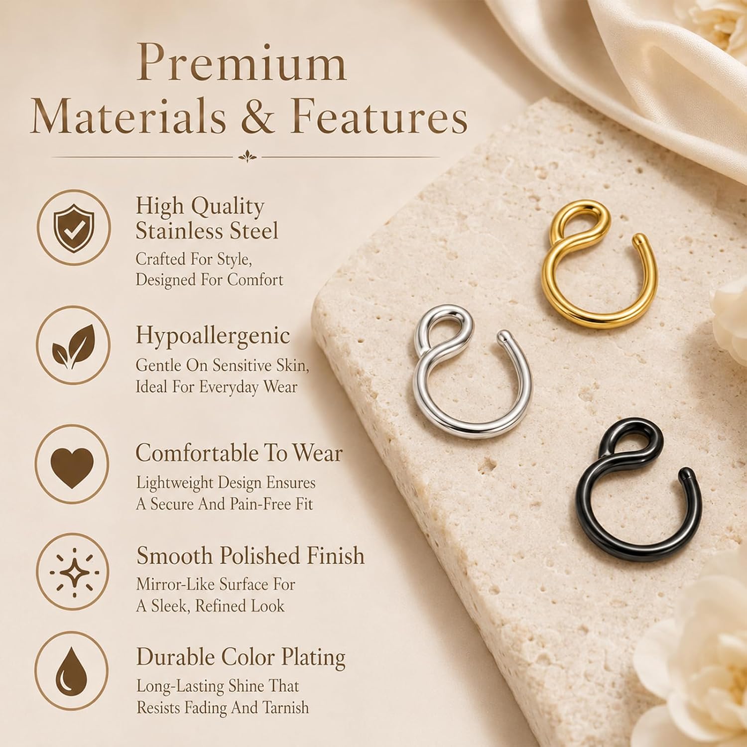 DIVINA VITAE 9 Pcs Faux Nose Piercing 20G Fake Nose Ring Hoop 8mm Clip On Non Piercing Lip Rings Stainless Steel No Pierced for Women Men Silver Gold Black