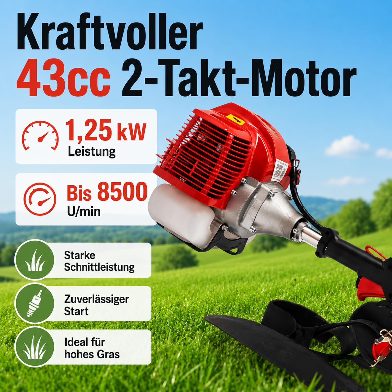 Desbrozadora de gasolina de 43 cc, 2 tiempos con 1,25 kW y 8500 rpm, depósito de 1,0 L, 2 cabezales de cuchillo, para césped, maleza y agricultura