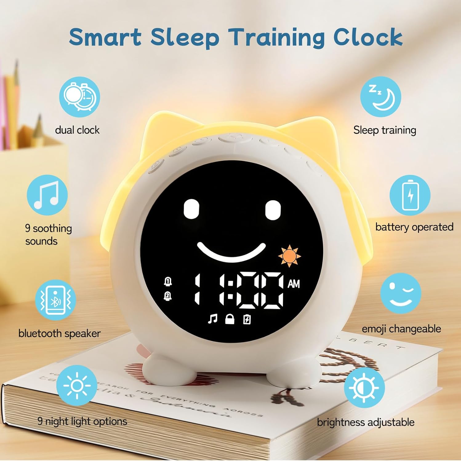 Kids Alarm Clock with Sleep Training, LED Night Light, Bluetooth Music, Multi-Color Display, Sound Machine, OK to Wake Light for Toddlers and Children
