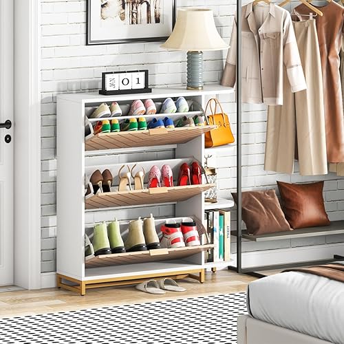 Miniatura 8 de LITTLE TREE Moderno armario de almacenamiento de zapatos de madera con 3 cajones abatibles y estantes abiertos, cubo de inclinación industrial