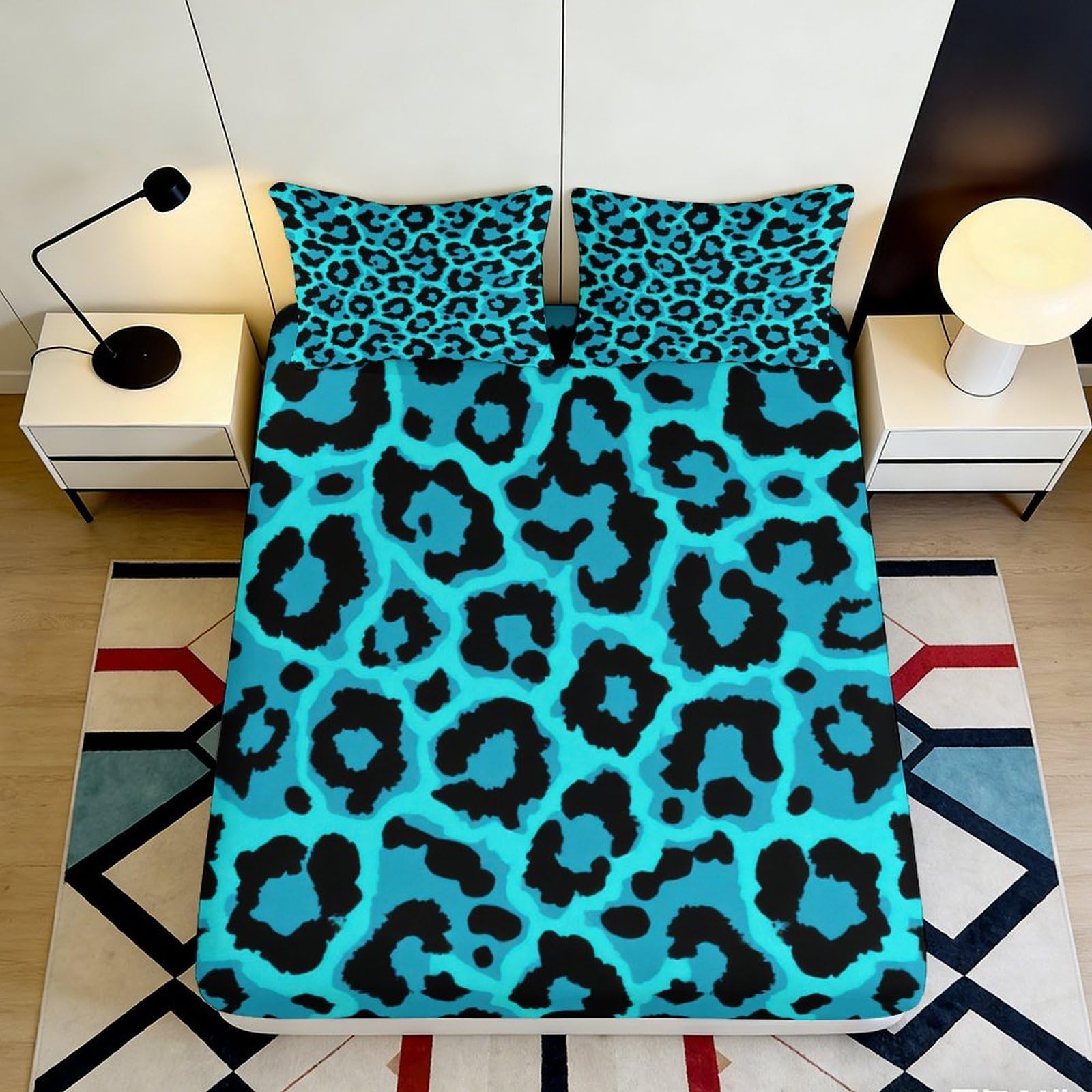 3D Printed Blue Leopard Fitted Sheet Microfiber Elastic Hem Deep Pocket Blue Leopard Mattress Fitted Cover Bedroom 160x200x25cm