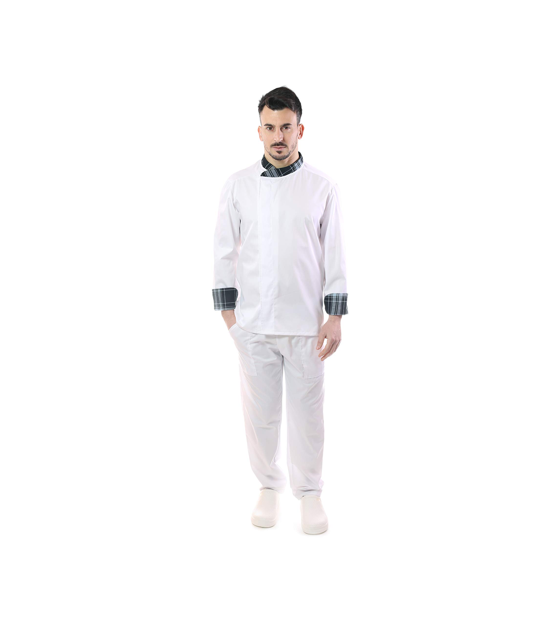 Ricamo Gratuito - Completo Cuoco e Chef Bianco - Scozzese - per Uomo - Doppio Collo - 4PZ - Giacca, Pantalone, Davantino e Bandana - Divisa per Cucina e Ristorante - Made in Italy