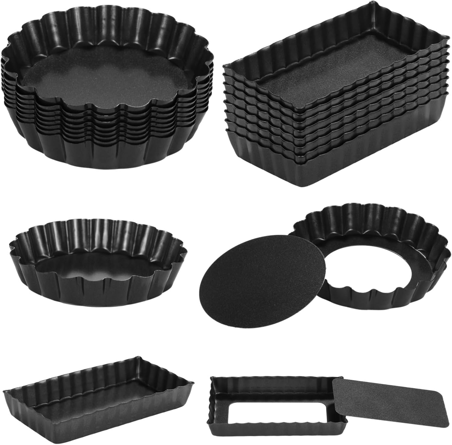Set of 16 Mini Round & Rectangle Tart Pans, Nonstick 4-Inch Quiche Molds with Removable Bottom, Fluted Edge Tart Pans for Baking Pies, Mousse, and Egg Tarts