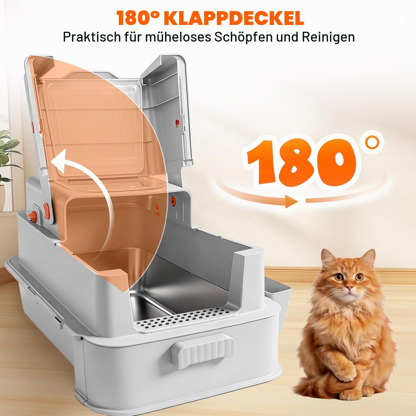 Homegroove Geschlossener Edelstahl-Katzenklo mit Schublade, XL Große Metall-Katzentoilette mit Deckel für Wohnungskatzen, Metall-Abdeckkasten mit Schaufel & Pedal (Hellgrau)