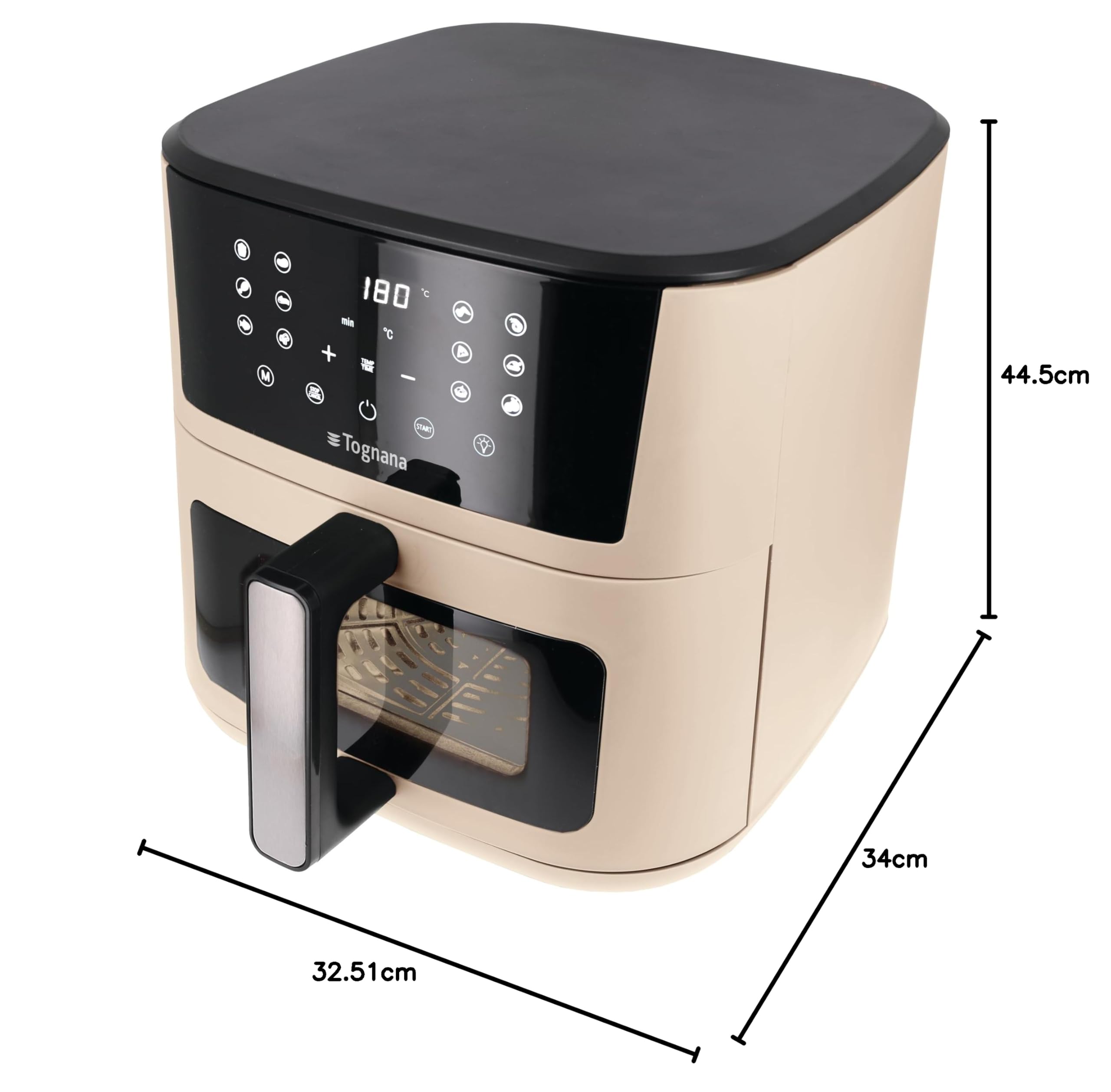 Tognana, Friggitrice ad aria 10L, doppia resistenza, display digitale, timer, 80-200°C, finestra, 2300W, Champagne